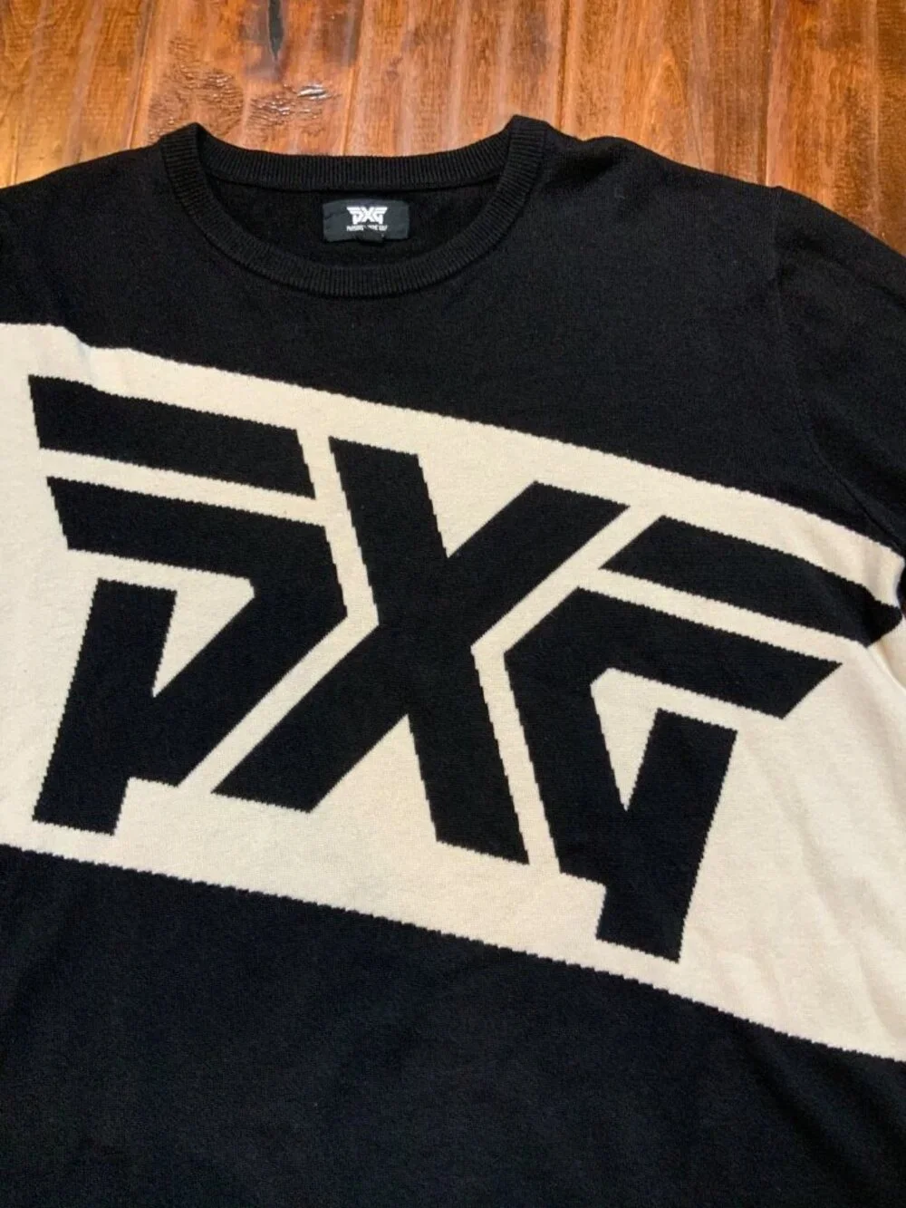 PXG Black White Logo Wool Crew Neck Sweater, Size XL